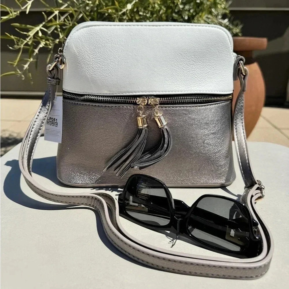Handbags - NWT Crossbody Tassel Zipper Puller Accent Two Tone Bag WHITE